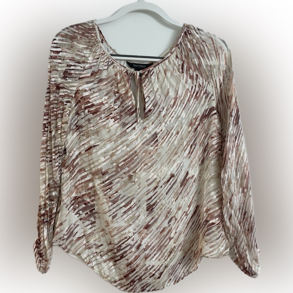 White House Black Market Silk Blend Ivory & Pink/Burgundy Long Sleeve Blouse